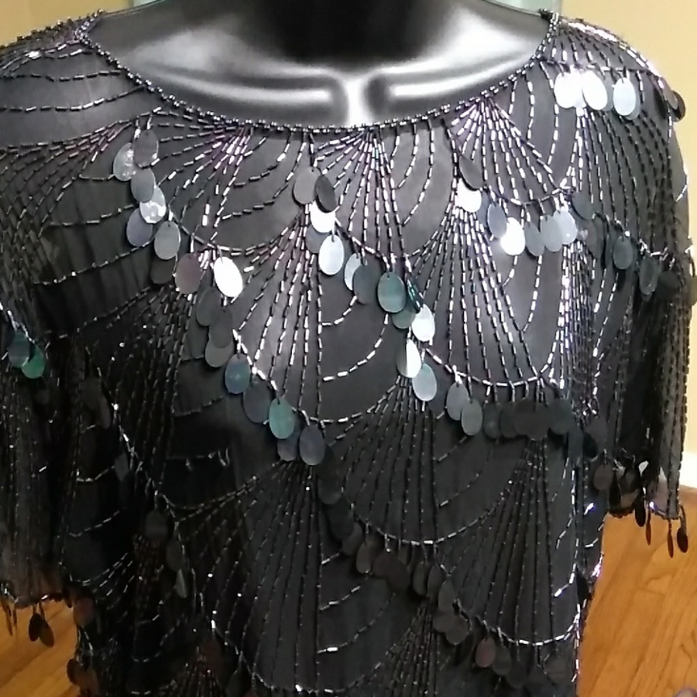 Vintage 80s Full beaded black silk top